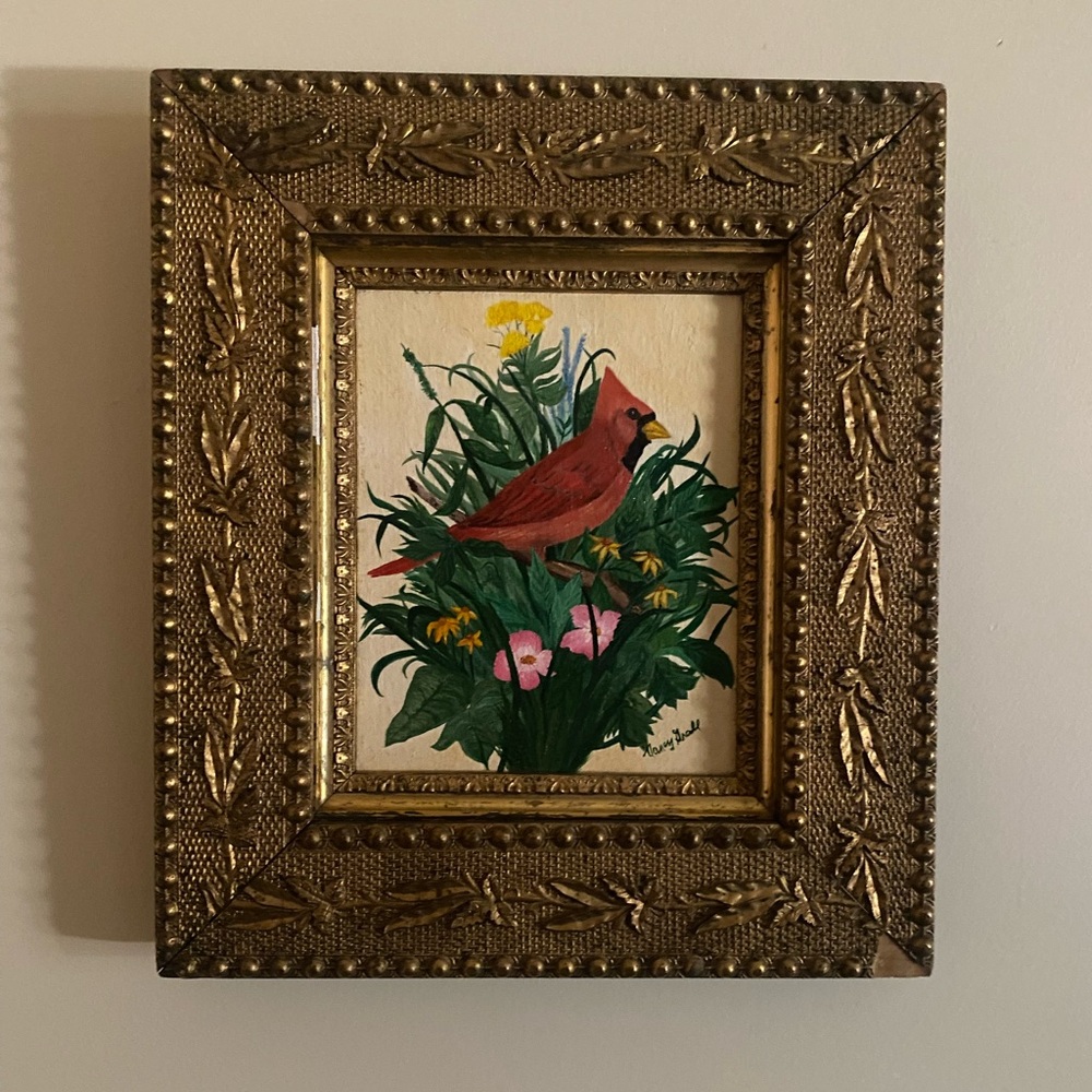 Beautiful vintage oil painting of cardinal with old frame Signed. good condition